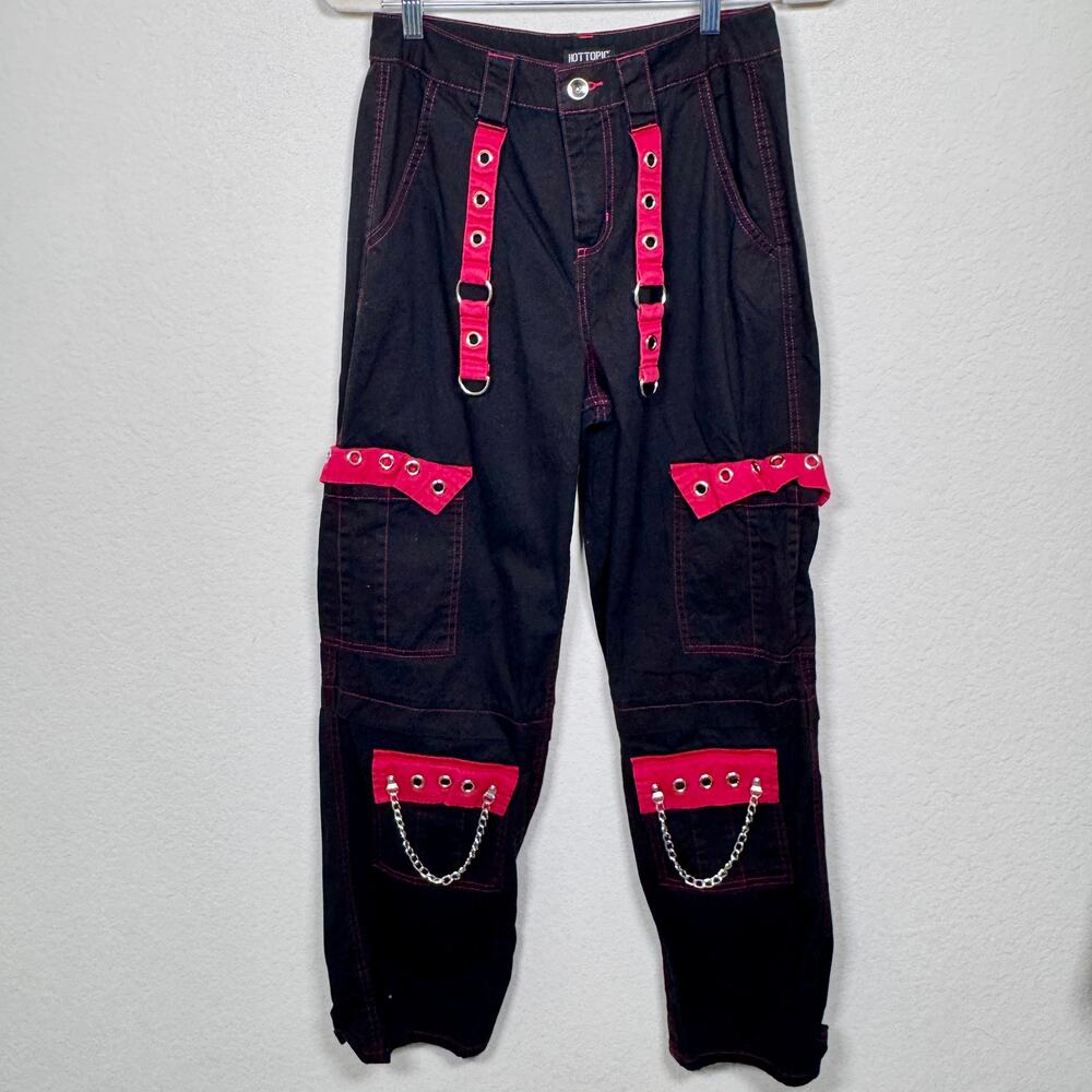 Hot Topic Womens Grommet Strap Carpenter Pants Size 5 Goth Punk Black Red